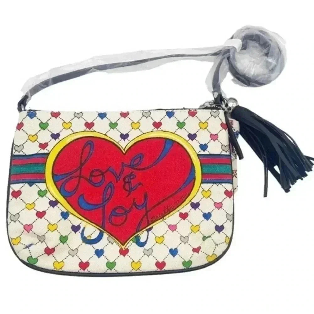 Brighton canvas love and joy “ holiday pouch, w/leather strap and tassel